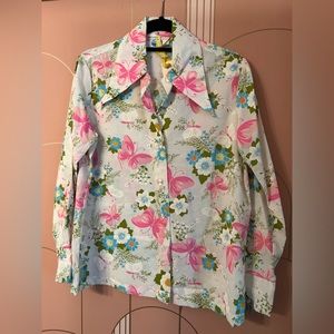 VINTAGE 70s butterfly pink blue dagger collar shirt Small